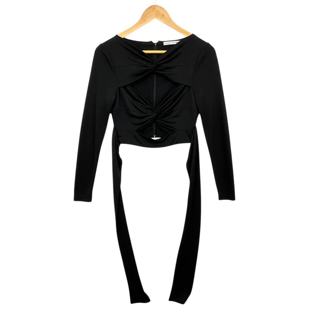 Alice + Olivia Amelie Twist Tie Top Womens S Black Cut Out Long Sleeve Crop